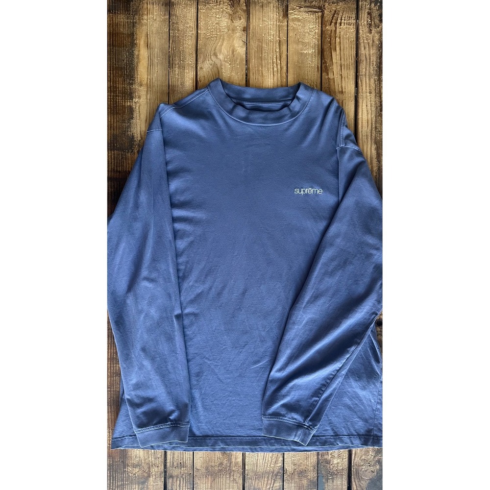 Supreme Long Sleeve Embroidered Logo T-Shirt Slate Blue Mens Large Made Portugal